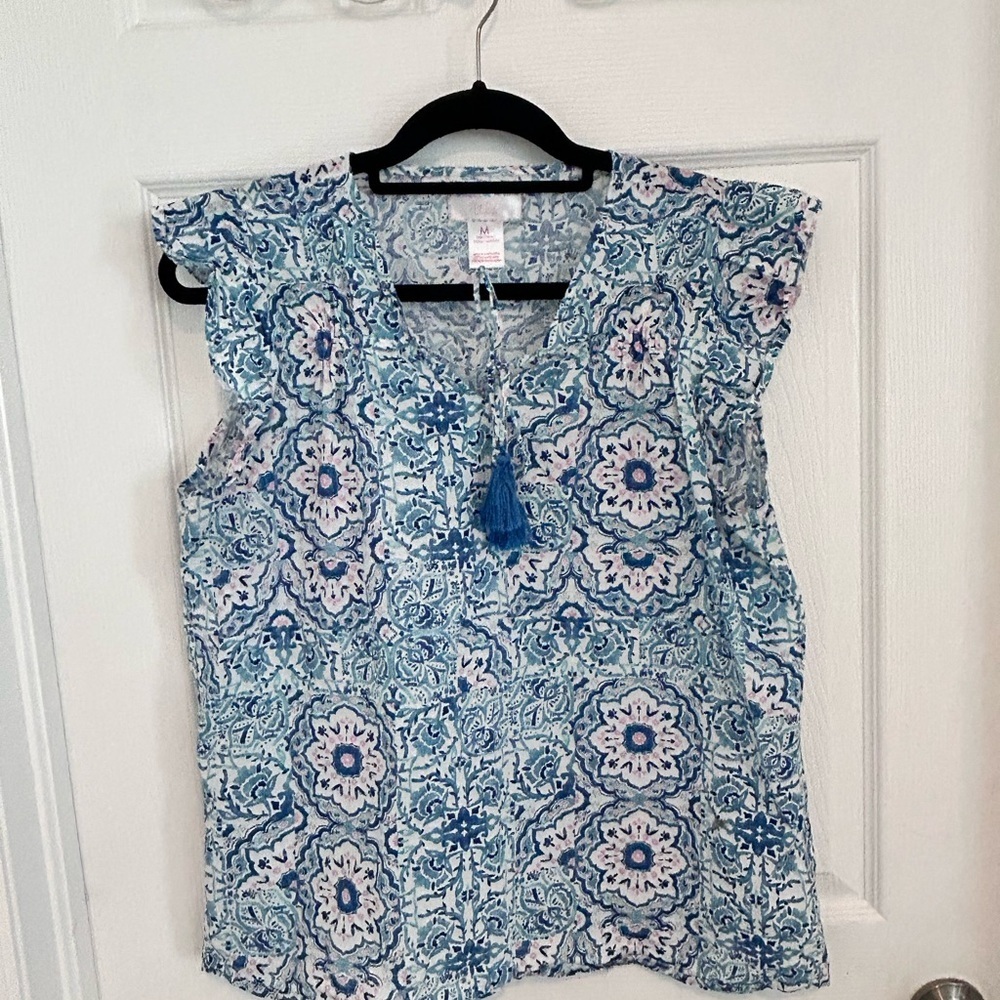 Stella Parker Blue Floral Tassel Tie Sleeveless Blouse. Size M Cotton